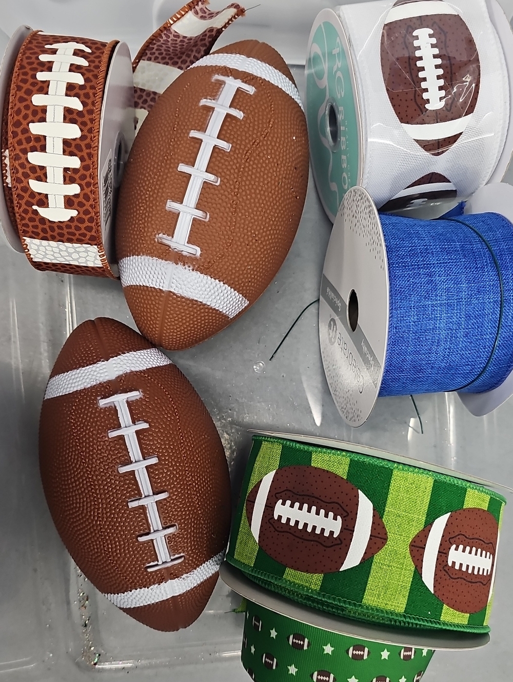 Decorative Football Ribbon & Mini Footballs - Brown and White